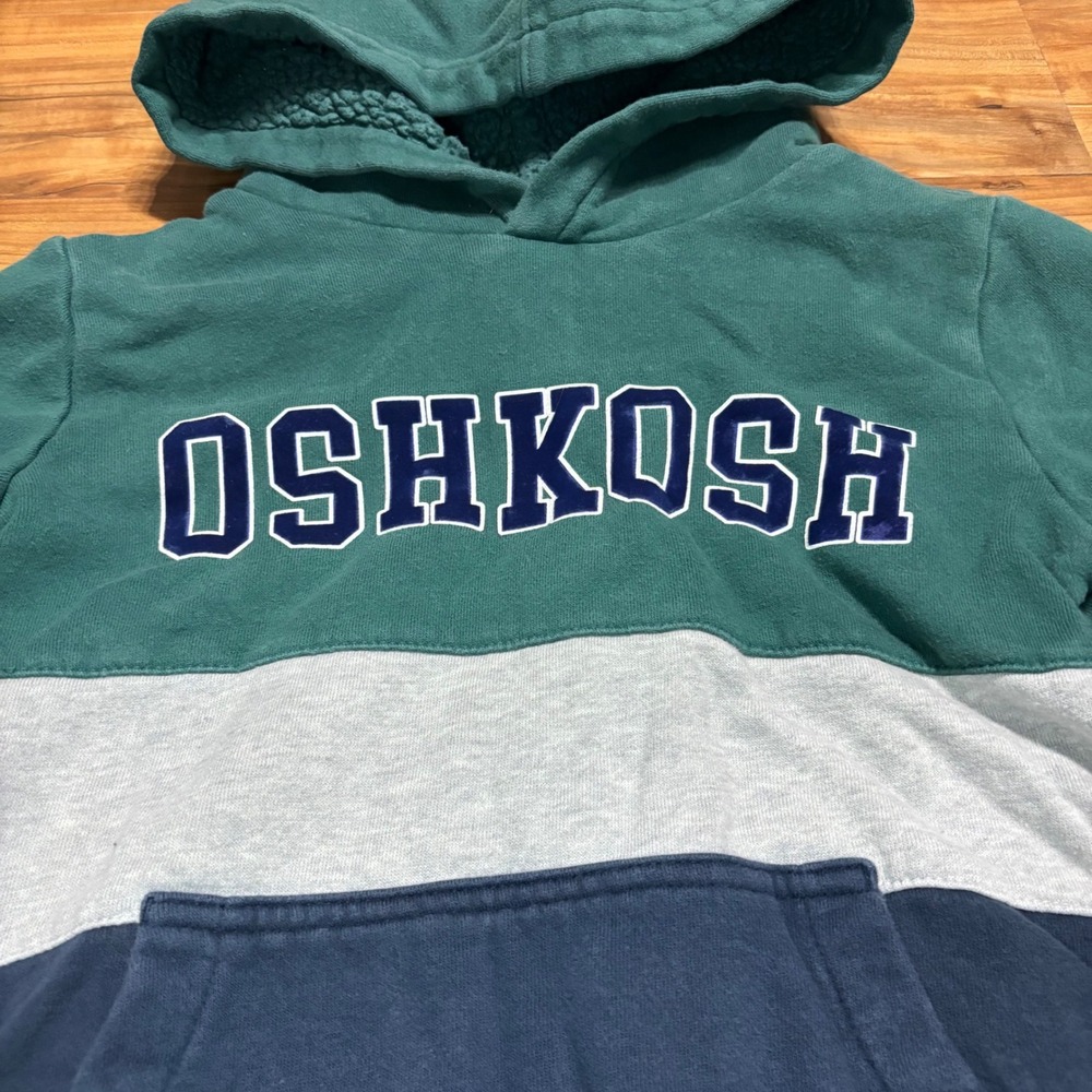 OshKosh Color Block Hoodie Sherpa Lined Hood Green Blue Gray * RUNSSMALL * Sz 10 - Picture 2 of 5